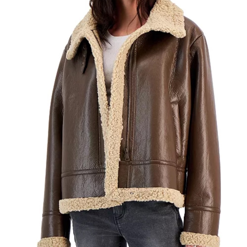 Sherpa-lined Faux-leather Brown Moto Jacket